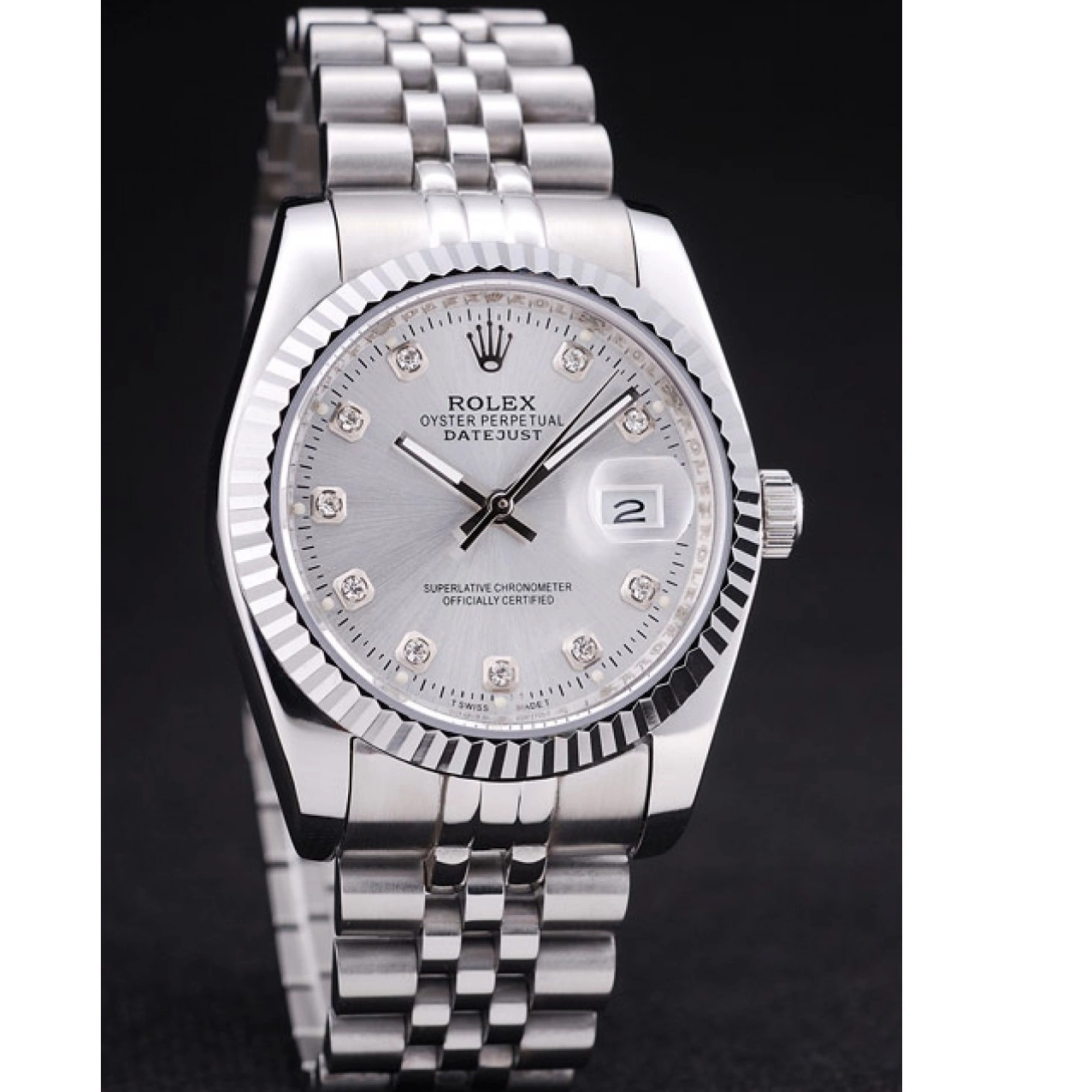 Aaa replica watch Datejust Dial 7455 Silver Rolex Diamonds Ribbed Bezel 0806